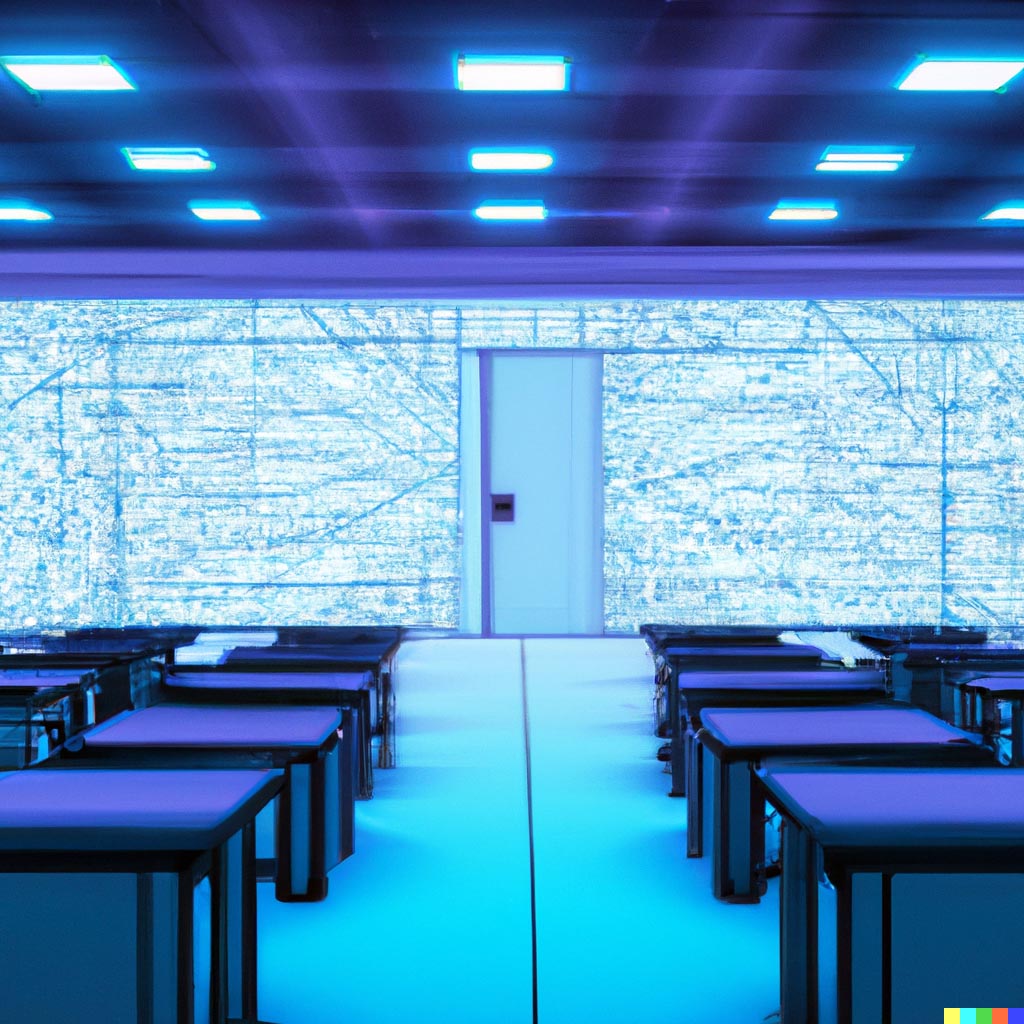 DALL·E prompt: futuristic empty classroom with desk in the middle and racks of servers against the walls and a chalkboard at the front of the classroom, neon lighting